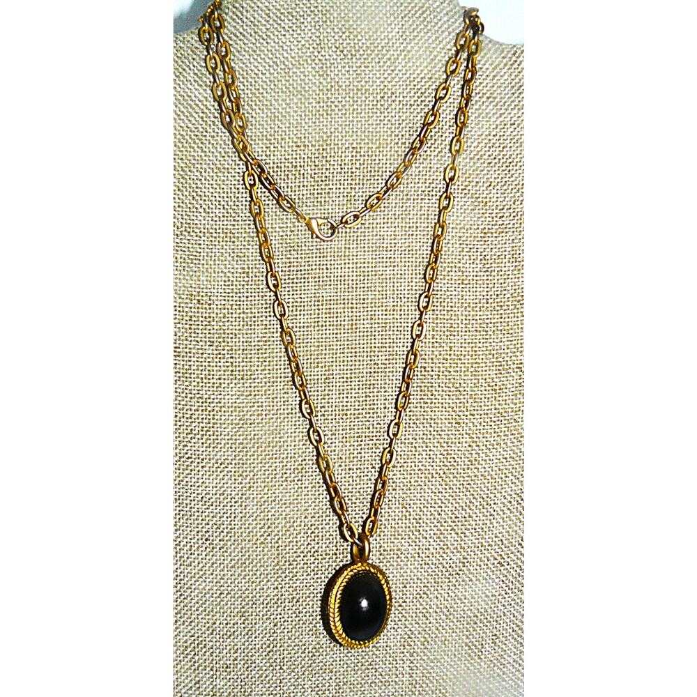 Vintage Gold-Tone Necklace Reversible Pendant Black And Pearlescent Cabochons